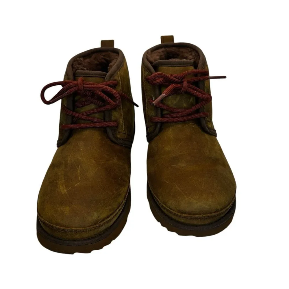 UGG Neumel Leather Boots Youth US 4 Brown Shearling Lined Lace Up